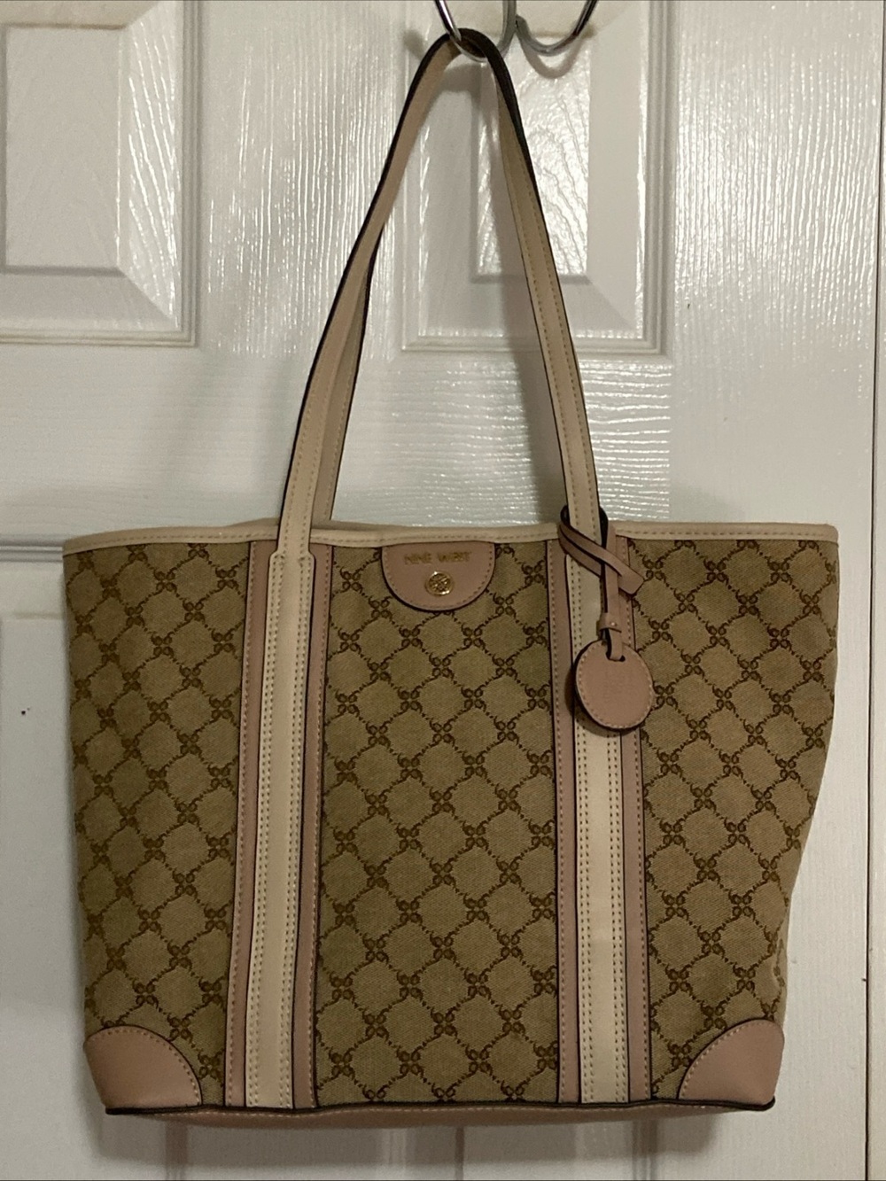 Nine West Beige Monogram Canvas Hobo with Pink Trim